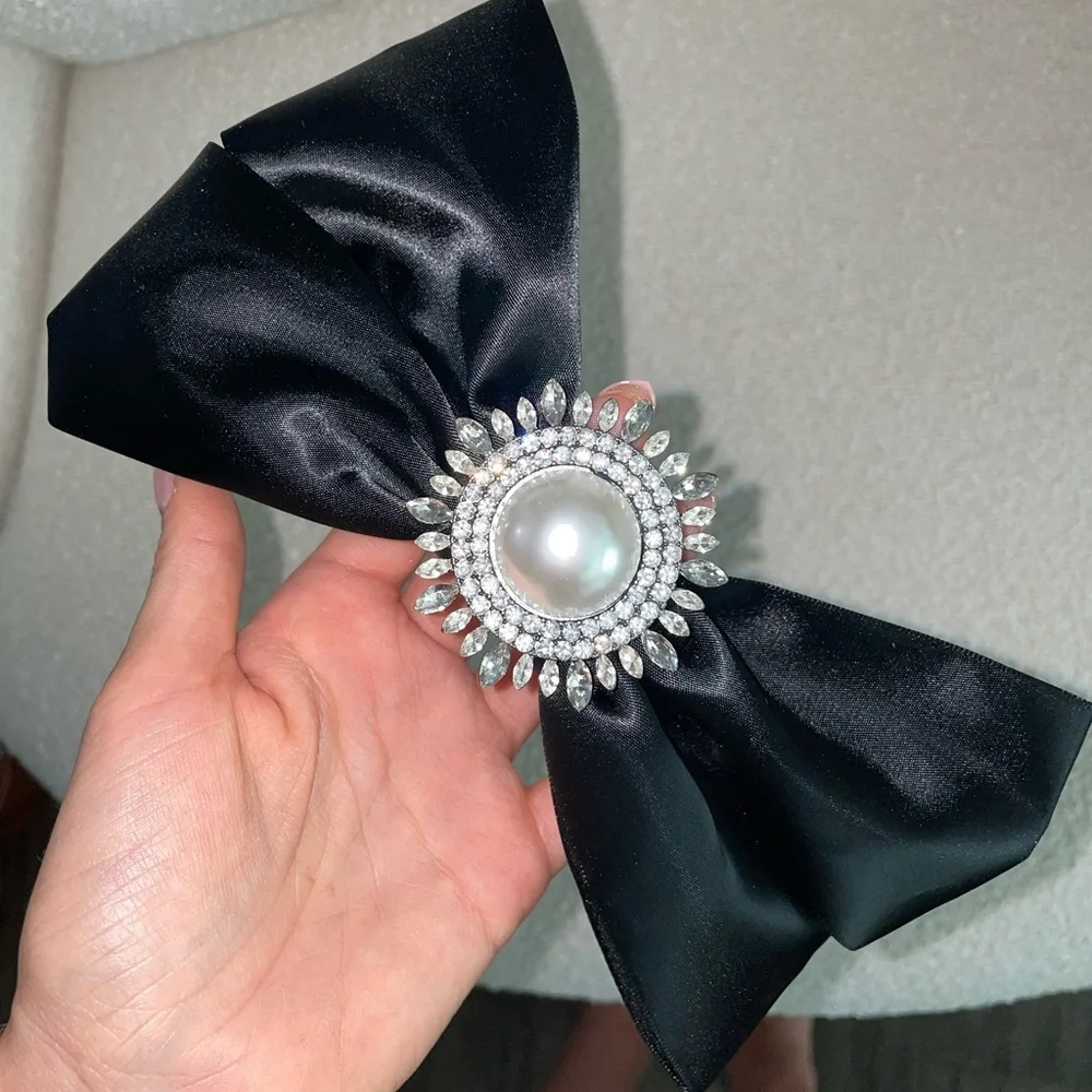 Revolve Lovers and Friends‎ Black Satin Bow Crystals Hair Barette